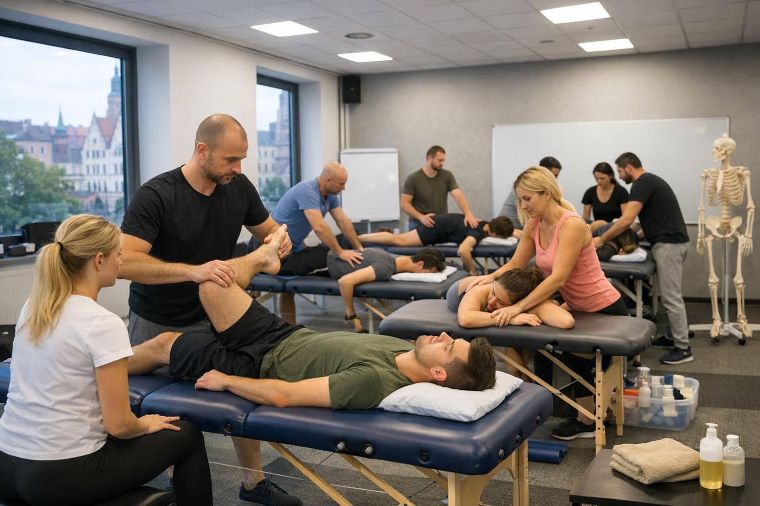 Sala szkoleniowa we Wrocławiu podczas kursu fizjoterapii - praktyczne zajęcia