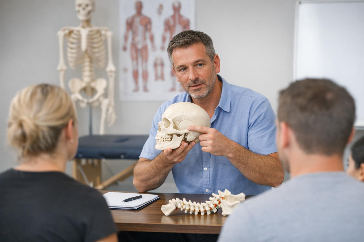 terapeuta pracujący z modelem czaszki podczas kursu