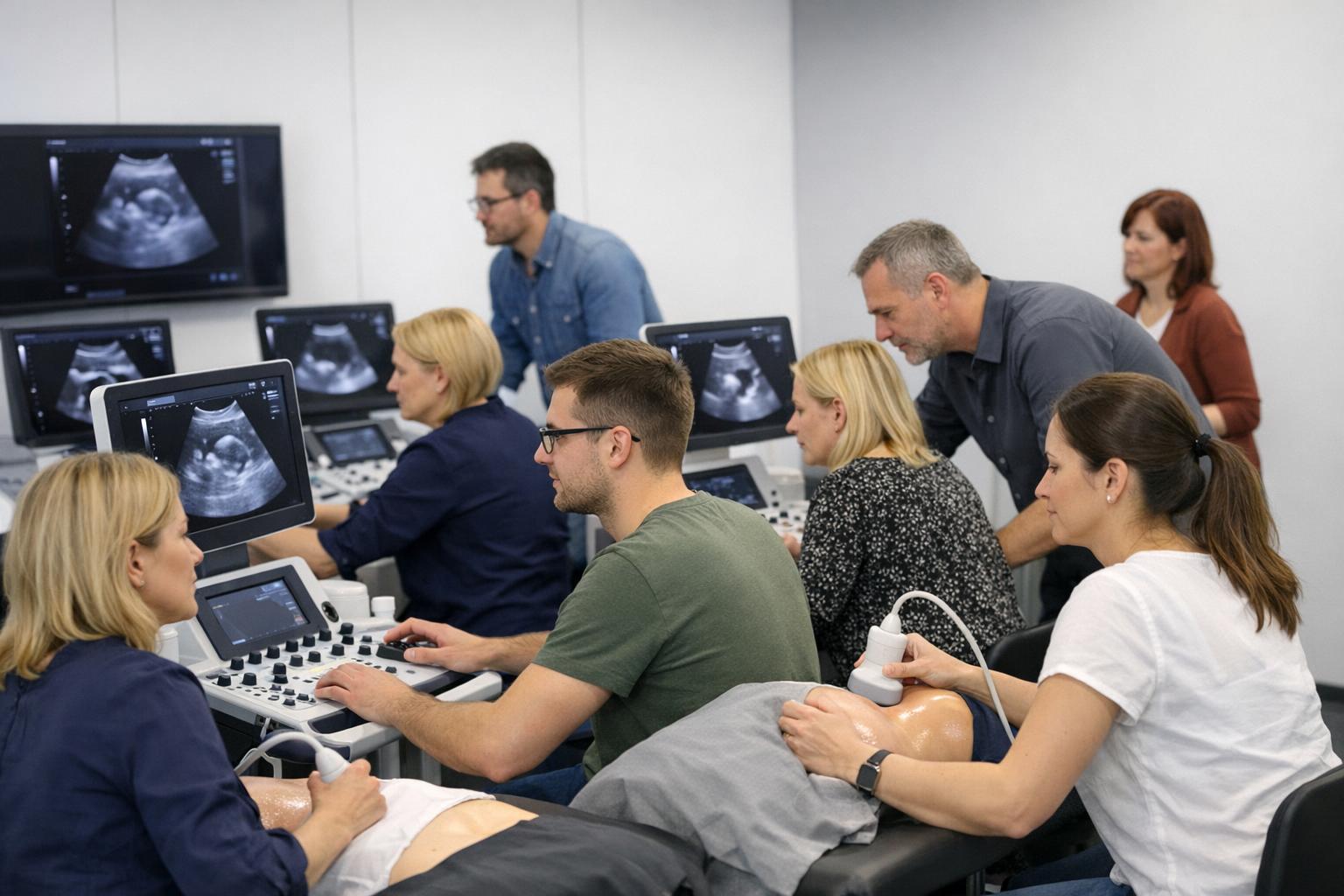 Zdjęcie: grupa uczestników kursu pracuje na aparatach ultrasonograficznych podczas warsztatów